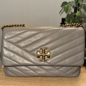 Tory Burch Grey Shoulder Bag with Quilted Chevron Design and Gold Logo